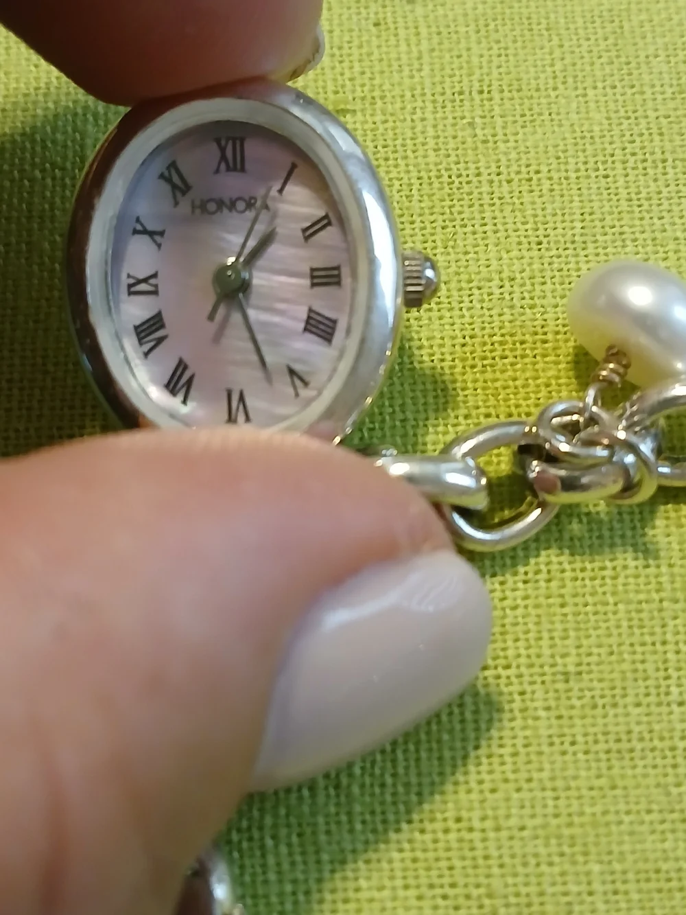 Honora Sterling Silver Chain Bracelet Watch with White and Black Pearls